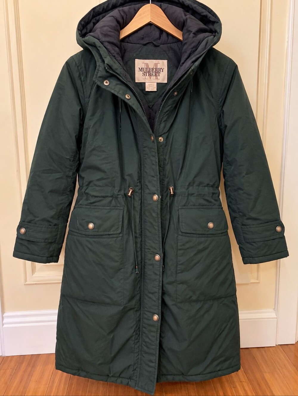 Mulberry Street Women’s Small Green Hooded Winter Parka Coat Knee Length